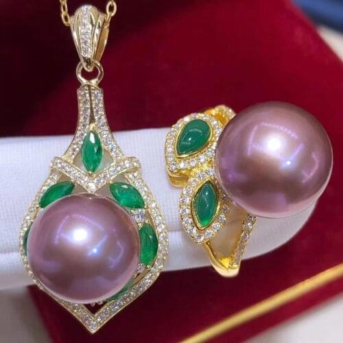 D908 Pearl Set Fine Jewelry 925 Sterling Silver Round 11-12mm Nature Fresh Water Purple Pearls Jewelry Sets for Women Presents