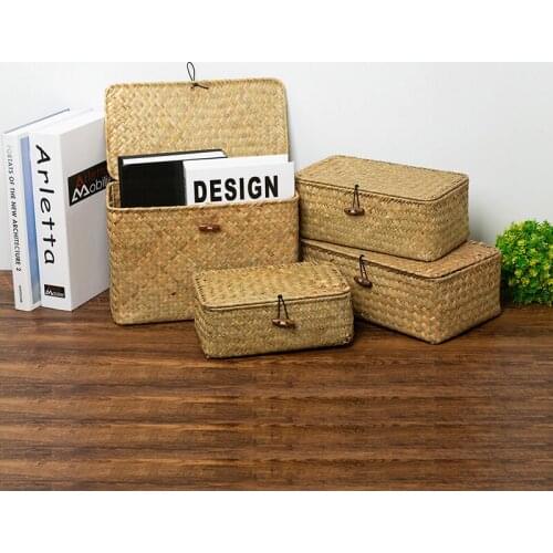 Handmade Storage Box with Lid Seagrass Woven Container Cosmetics Toys Tea Sundries Storage Organizer Home Decoration
