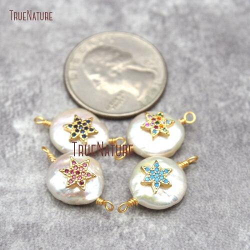 CZ Pave Gold Star of Daavid Round Freshwater Pearl Pendant Connector 12x18mm PC27234