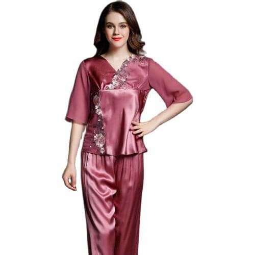 T77140 New Fashion Female Two piece Sleepwear Women Home Clothes Suit 100% Silk Pajamas Set