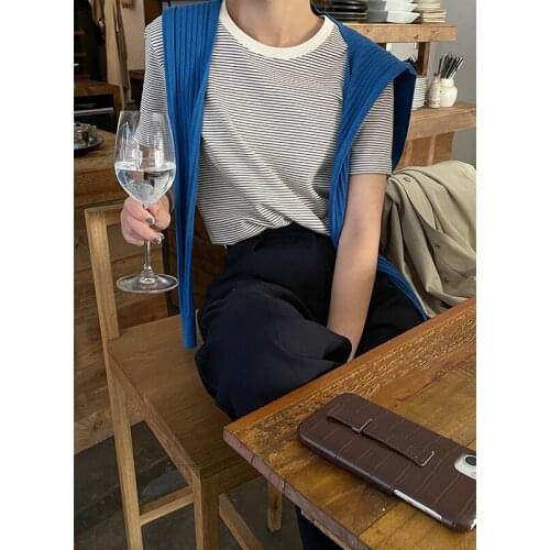 2021 Spring and Summer New Classic Striped Short-Sleeved T-shirt for Women round Neck All-Matching Loose Inner Wear Ins