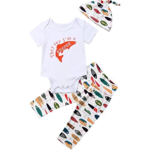 Newborn Baby Boy Clothes Summer Romper Jumpsuit+Pants Legging Fish Outfit Set 3Pcs Cotton