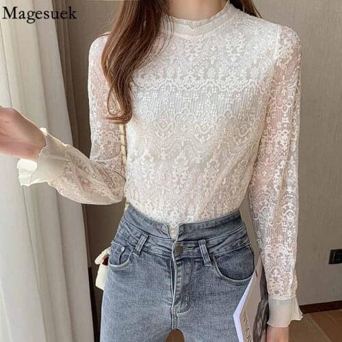 Autumn Stand Collar Lace Bottoming Shirt 2021 Long Sleeve Ruffle Sweet Womens Blouse Elegant Crochet Flower Tops Blusas 16558