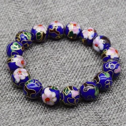 Polished Fancy Cloisonne Enamel Filigree 12mm Round Bead Bracelet Chinese Traditional Stretch Jewelry Women Accessories