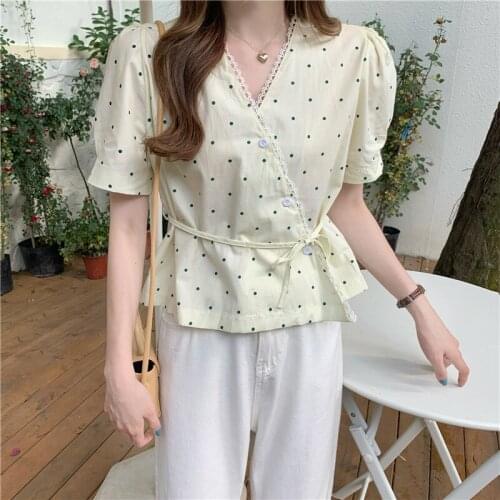 QOERLIN Korean V-neck Irregular Polka Dot Lace Hollow Out Bandageg Buttons Tops Shirts Women Fashion Loose Casual Blouse White