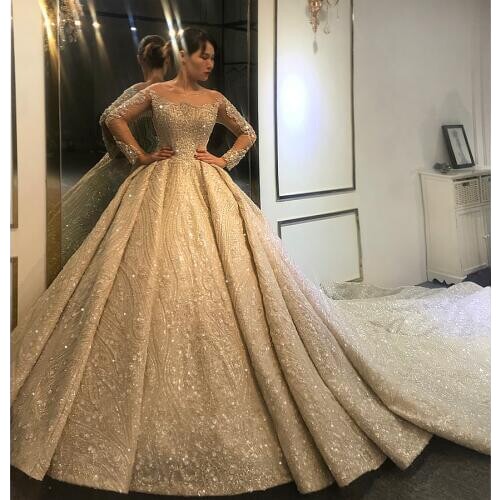 2020 dubai luxury wedding dress heavy beading with long sleeves bridal dress 100% real work high quality