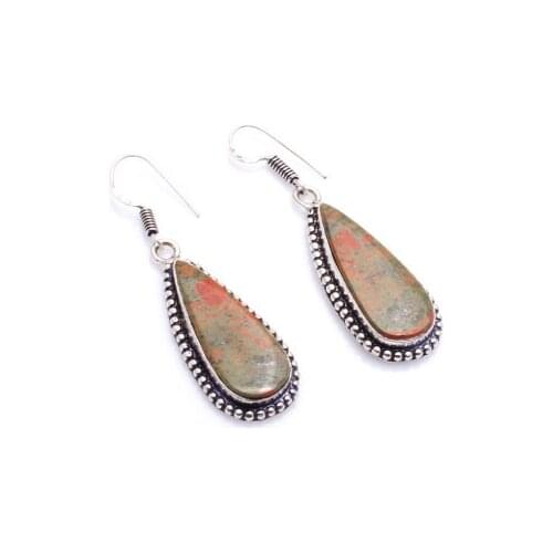 Genuine Unakite Silver Overlay on Copper Earrings ,Hand made Women Jewelry Gift , E5646