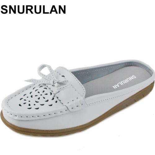 SNURULAN Summer Women Half Slippers Shoes Hollow Slip On Breathable Leather Shoes Woman Slides Outside Butterfly-knot Slippers