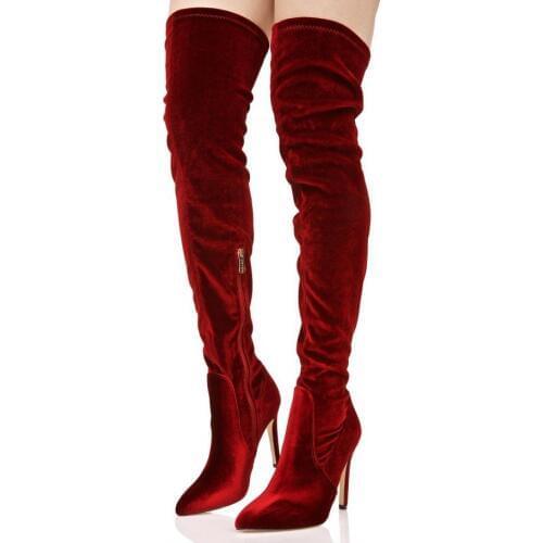 Sestito 2018 Women Sexy Shinning Flock Pointed Toe Slim Over-the-knee Boots Lady Stiletto High Heels Long Boots Girls Zip Shoes
