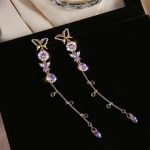 2021 New Shiny Beautiful Drop Earrings for Women Long Tassel Purple Crystal Earrings Students Holiday Party Pendientes Jewelry