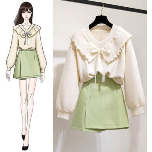 Two-piece Women 2021 New Autumn Winter Fashion Western Style Knitted Long Sleeve Sweater+High Waist Mini Skirt 2 Piece Sets