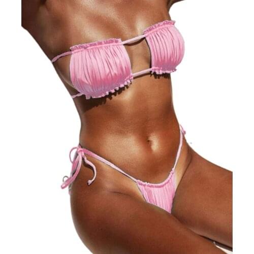 69HD Women Sexy 2pcs Bikini Set Ruched Strapless Hollow Out Bandeau Swimsuit Side Tie Low Waist Solid Color Bathing Suit