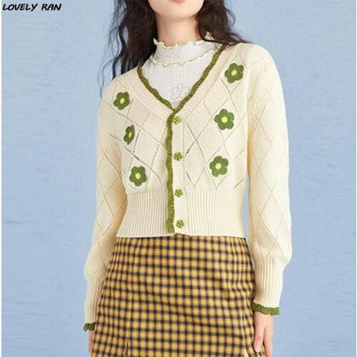 Flower Embroidered Knit Cardigan Women 2021 Fashion Sweaters Hollow Out Sweet V Neck Long Sleeve Top Female Outerwear Chic Tops