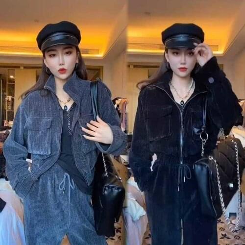 Plus Velvet Thickening Casual Suit Womens Corduroy Winter New Style Loose Western Style Age Reduction Tooling Two-piece Tide