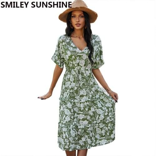 Floral Dress Women Spring Summer Cotton Dress Stylish And Elegant 3 Colors V Neck Dress New Style 2021 Vestidos De Mujer Casual