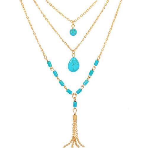Womens Retro Temperament Three-layer Green Zircon Tassel Bohemian Necklace Fashion Trend Drop Pendant Multi-layer Ornaments