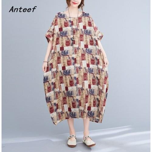 Short sleeve cotton vintage plaid dresses for women casual loose long woman summer dress elegant clothes 2021