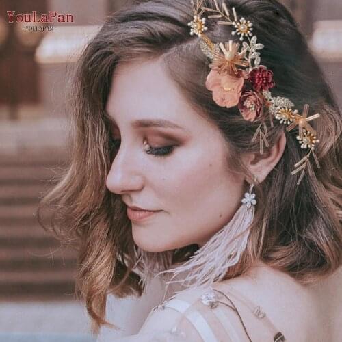 YouLaPan HP190 Golden Wedding Tiara Flower Headpiece Bridal Headband Bridesmiad Pearl Hair Piece Bridal Hair Jewelry for Bride