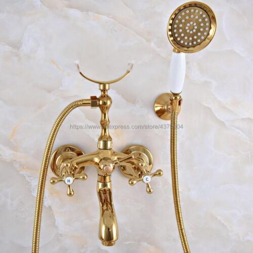 Gold Color Brass Bathtub Faucet Wall Mount Handheld Bath Tub Mixer System with Handshower Telephone Style Nna954