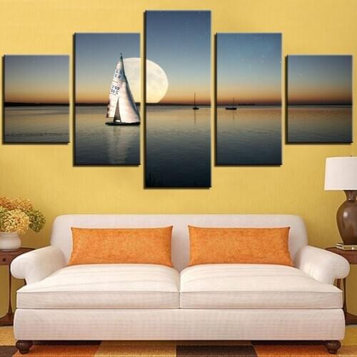 5 piezas de pintura en lienzo con barco, pintura de mar y el póster del sol, imagen de paisaje para pared de la habitación del h