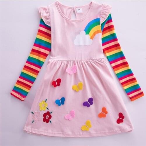 Children Girls Long Sleeved Autumn Dress Cotton Cartoon Rainbow Butterfly Printed Clothes