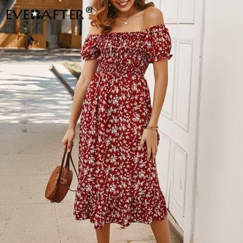 EVERAFTER Elegant off shoulder women dress Boho floral print ruffle high waist midi dress summer holiday beach ladies dresses