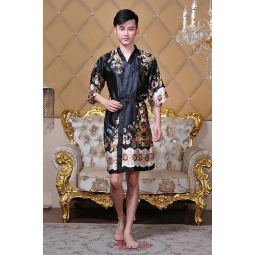 Men Kimono Bathrobe Chinese Style Robe Gown Print Flower Sleepwear Casual Nightwear Rayon Negligee Loose Intimate Lingerie