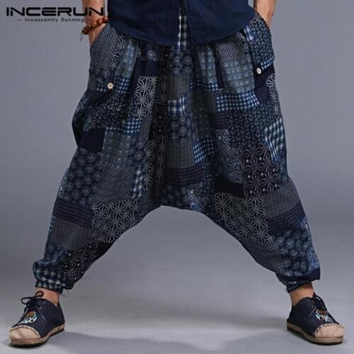 INCERUN Plus Size Men Print Vintage Harem Pants Drop-crotch Trousers Men Cotton Casual Pants Streetwear Baggy Pantalones Hombre