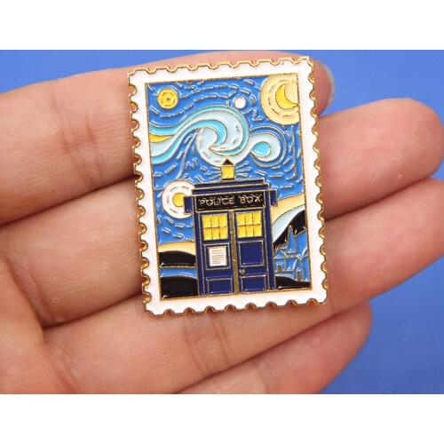 Dr. Who Tardis on Starry Night Enamel Pin Brooch Amazing Stamp Artwork Badge Everyones Favorite Way to Travel Through Time