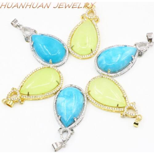 Exquisite Zircon Inlay Stainless Steel Drop Pendant For Women 20x40mm Natural Jades Stone Chain Necklace Pendants Jewelry B3365