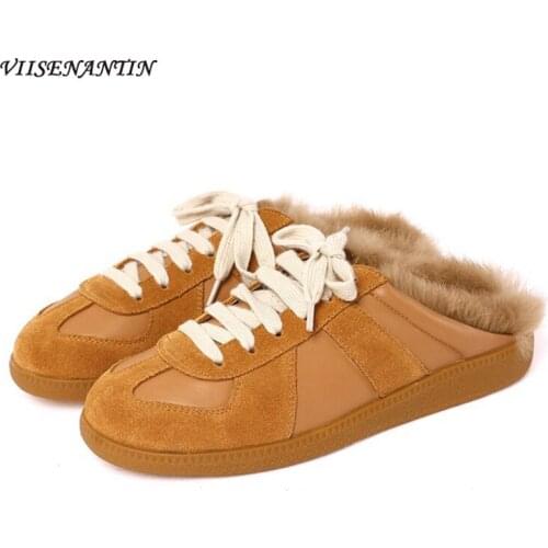Baotou Drag Cowhide Color-blocking Flat-bottomed Warmth and Comfortable Rabbit Fur Lace-up Casual Shoes Rear Empty Sports Shoes