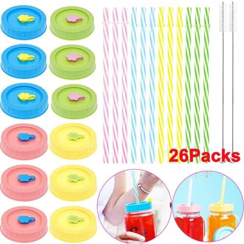 26PCS Regular Mouth Mason Jar Lids Canning Lids with Straw Hole Plastic Straws Cleaning Brush BPA Free for Food Storage Drinking