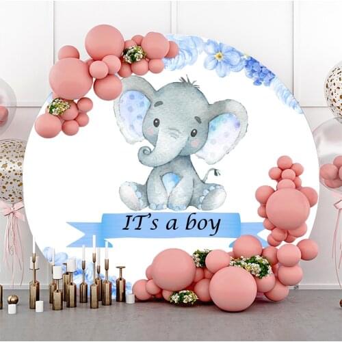 Laeacco Blue Baby Elephant Its A Boy Wild 1st Birthday Party Baby Shower Customized Circle Photo Background Round Backdrop
