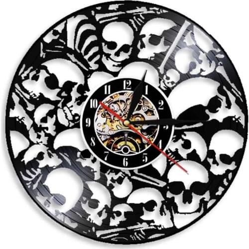 Dead Skeletal Heads Silent Wall Clock Make Of Vinyl Record Vintage Hanging Wall Art Decor Clocks Watch With Color Changing Light
