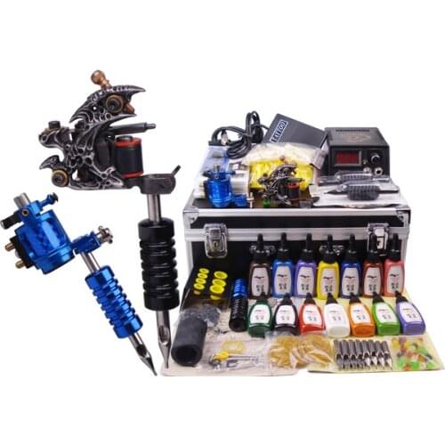 Professional body piercing kit tattoo starter set 2 top tattoo gun 14 color inks YLT-54