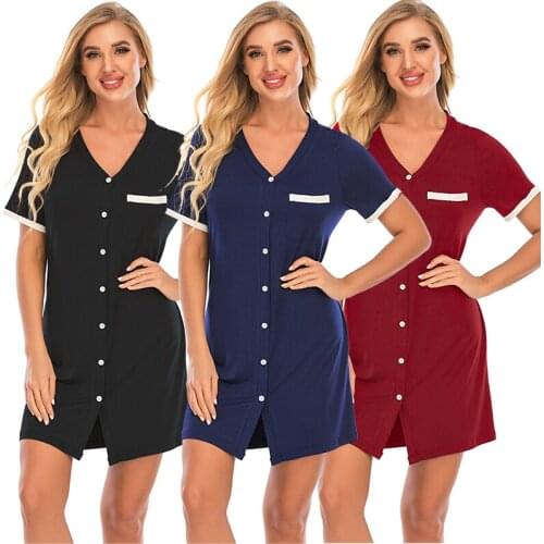 Women Nightdress Lace Splicing Buttons Sexy V-Neck Short Sleeve Nightgowns Loose Casual Soft Comfortable Loungewear Sleepwear
