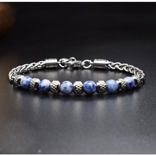 New 2021 6MM Adjustable Unique Natural Tiger Eye Stone Mens Beaded Bracelet Stainless Steel Cuban Link Chain Bracelets