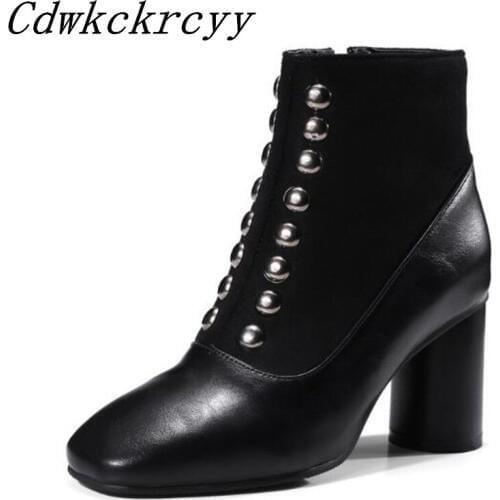 Autumn and winter New style fashion Round heel Square head rivet Martin boots Comfortable Cashmere Keep warm Women Boots 34-48