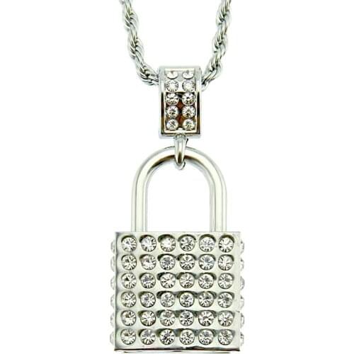 Hip Hop Rhinestones Paved Bling Iced Out Silver Color Lock Pendants Necklace for Men Rapper Jewelry Drop Shipping