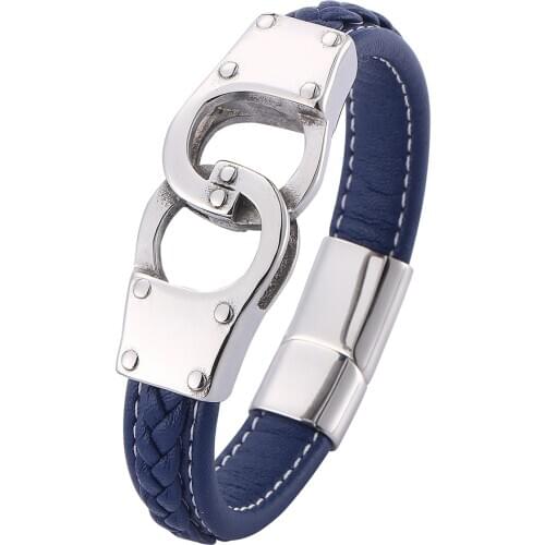 Punk Men Jewelry Blue Braided Leather Bracelet Handcuffs Stainless Steel Magnetic Clasp Bangles Wristband Gifts BB0738