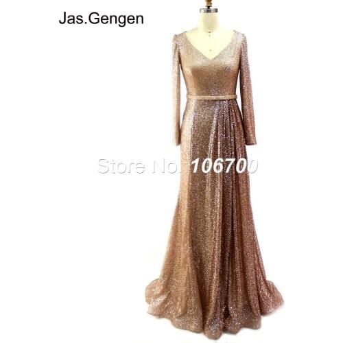 Arabic Muslim Long Sleeve Evening Dress vestidos de fiesta Mermaid Glitter V Neck Front Split Pleat with Sash Formal Prom Gowns