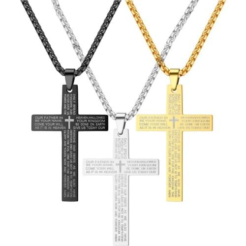 Fashion Vintage Gothic Christian Cross Pendant Gold Black Jesus Scripture Prayer Stainless Steel Men Necklace Religious Jewelry