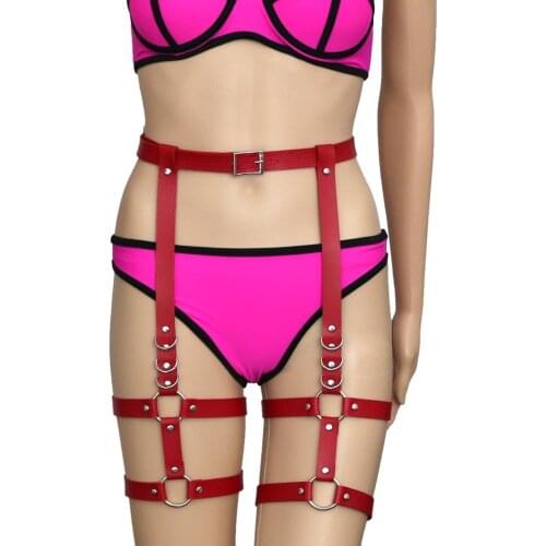 Red Sexy Leather Leg Harness Sex Toy Women High Waist to Leg Belts Punk Erotic Adult Bondage Strap Suspender Erotic Accessories