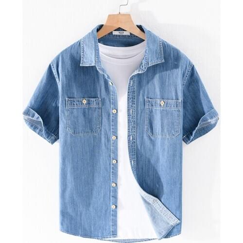 2020 Summer new arrival pure cotton denim shirt men fashion short-sleeved shirts for men casual solid shirt mens camsieta camisa