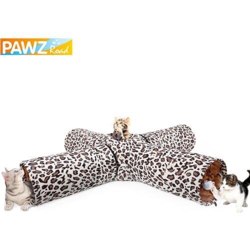 PAWZRoad Pet Cat Tunnel Toys Foldable 4 Holes Tunnel Toys Play For Cat Kitten Multifunctional Long Tunnel Printed Leopard-stripe
