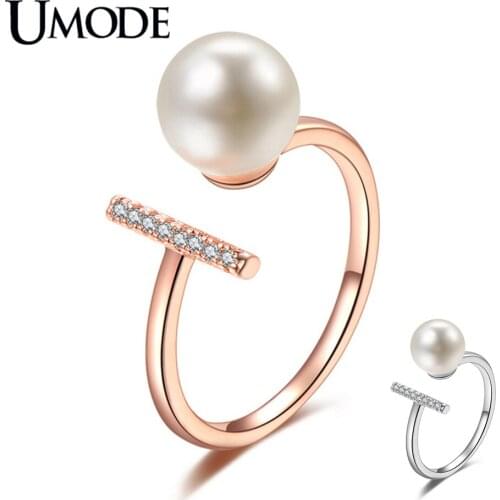 UMODE New Paved Clear Zircon CZ Crystal Simple Bar Rings for Women Round Simulated Pearl Rose&White Gold Jewelry AUR0501