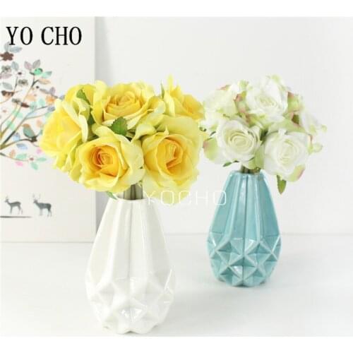 YO CHO Small Artificial Flowers Rose Silk Bouquet 6 Heads Fake Roses Artificial Flower Wedding Home DIY Decor Fake Flowers White