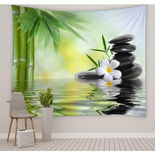 Zen Garden Tapestry Green Bamboo Plant Leaf Flower Stone Spa Wall Art Living Room Bedroom Backdrop Bedside Cloth Hanging Decor