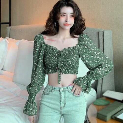 Womens Fashion Square Collar Blouses Sexy Sweet Pleated Floral Print Short Chiffon Shirt
