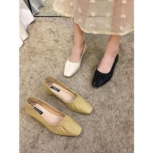 Womens shoes leather shoes 2021 autumn new fashion square head shallow mouth soft thick heeled heel shoes